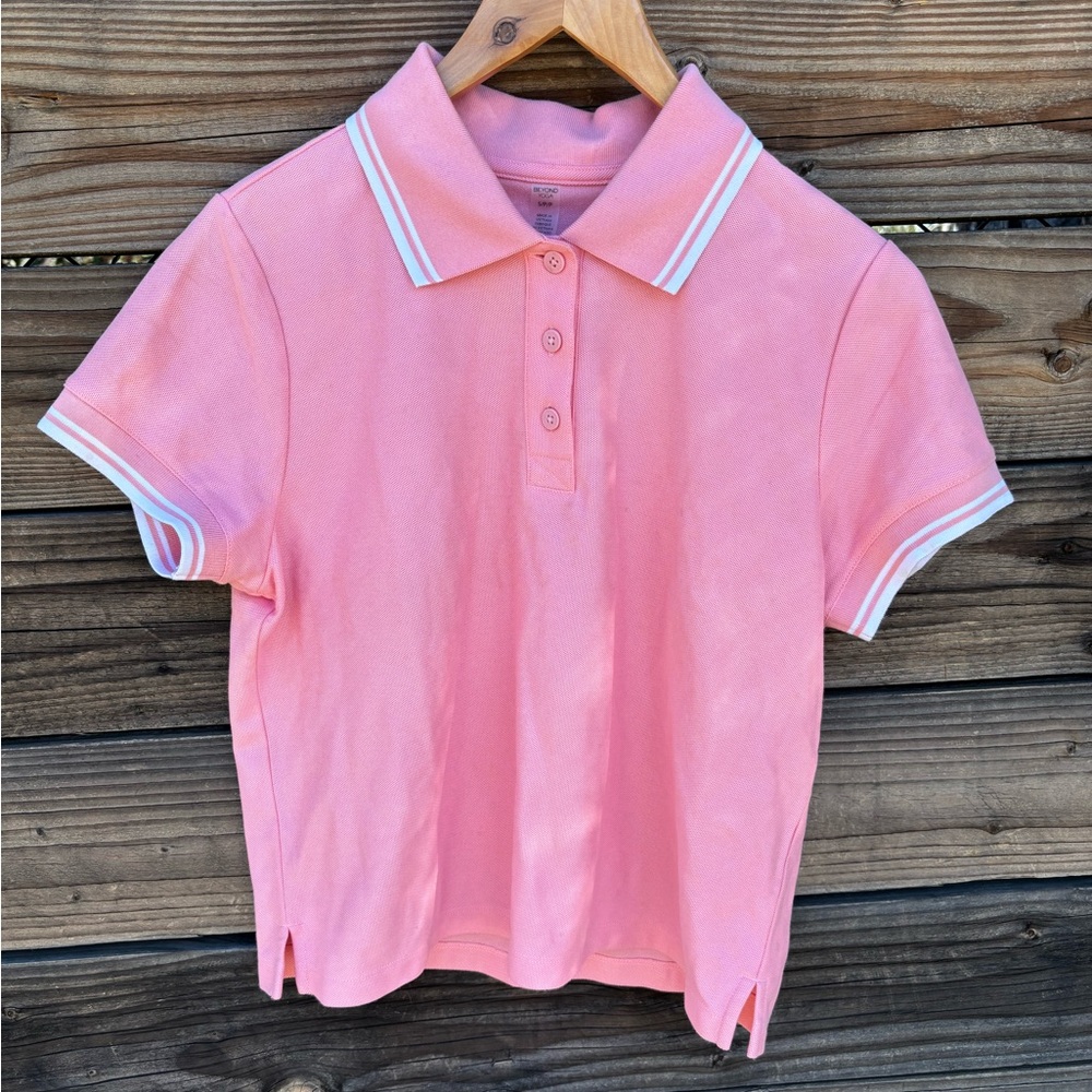 Beyond Yoga Country Club Polo Shirt Small Petite - Pink Play with white stripes